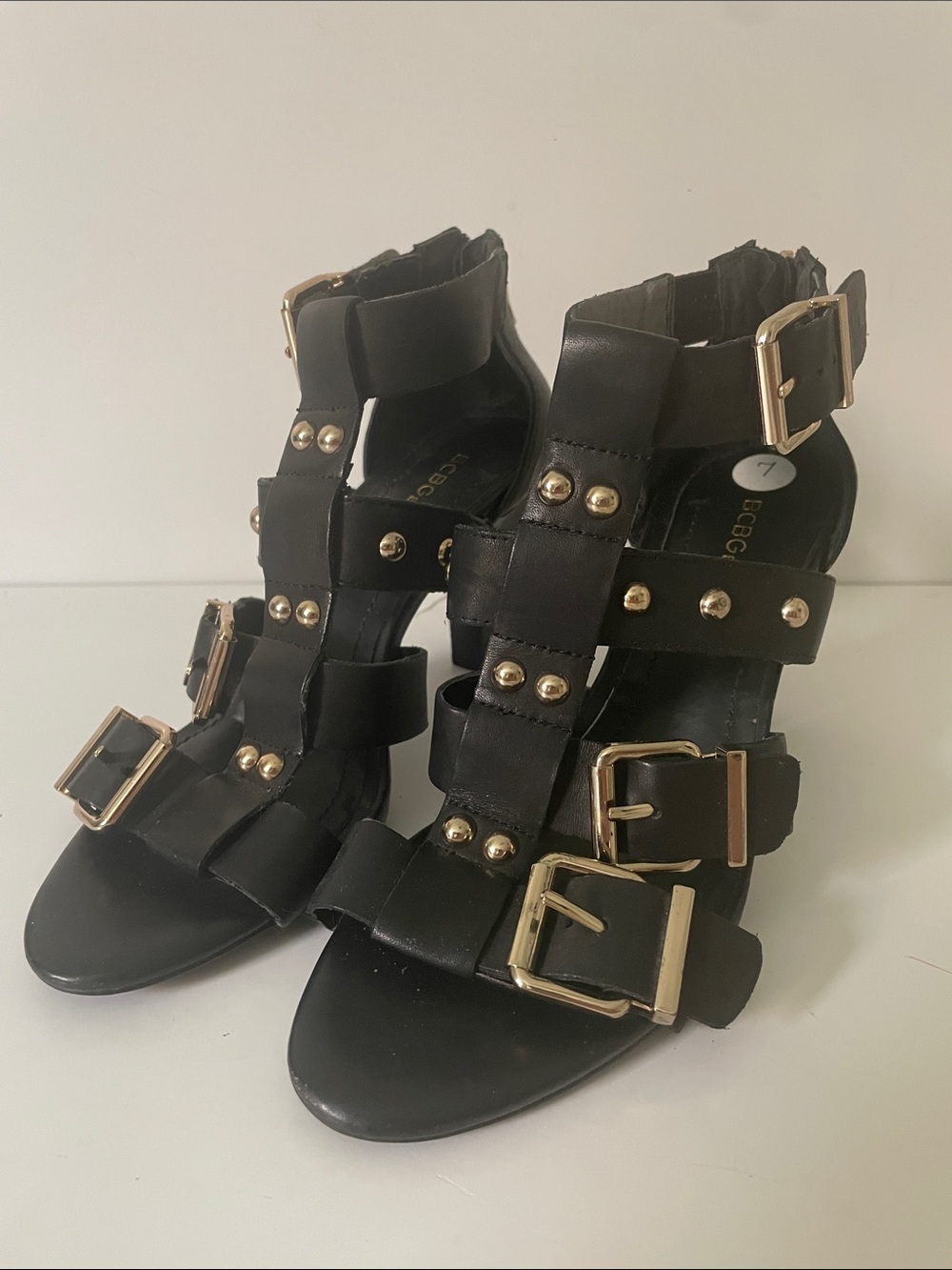 BCBGeneration Fizzy Black Leather Studded Cage Heels Y2K Size 7